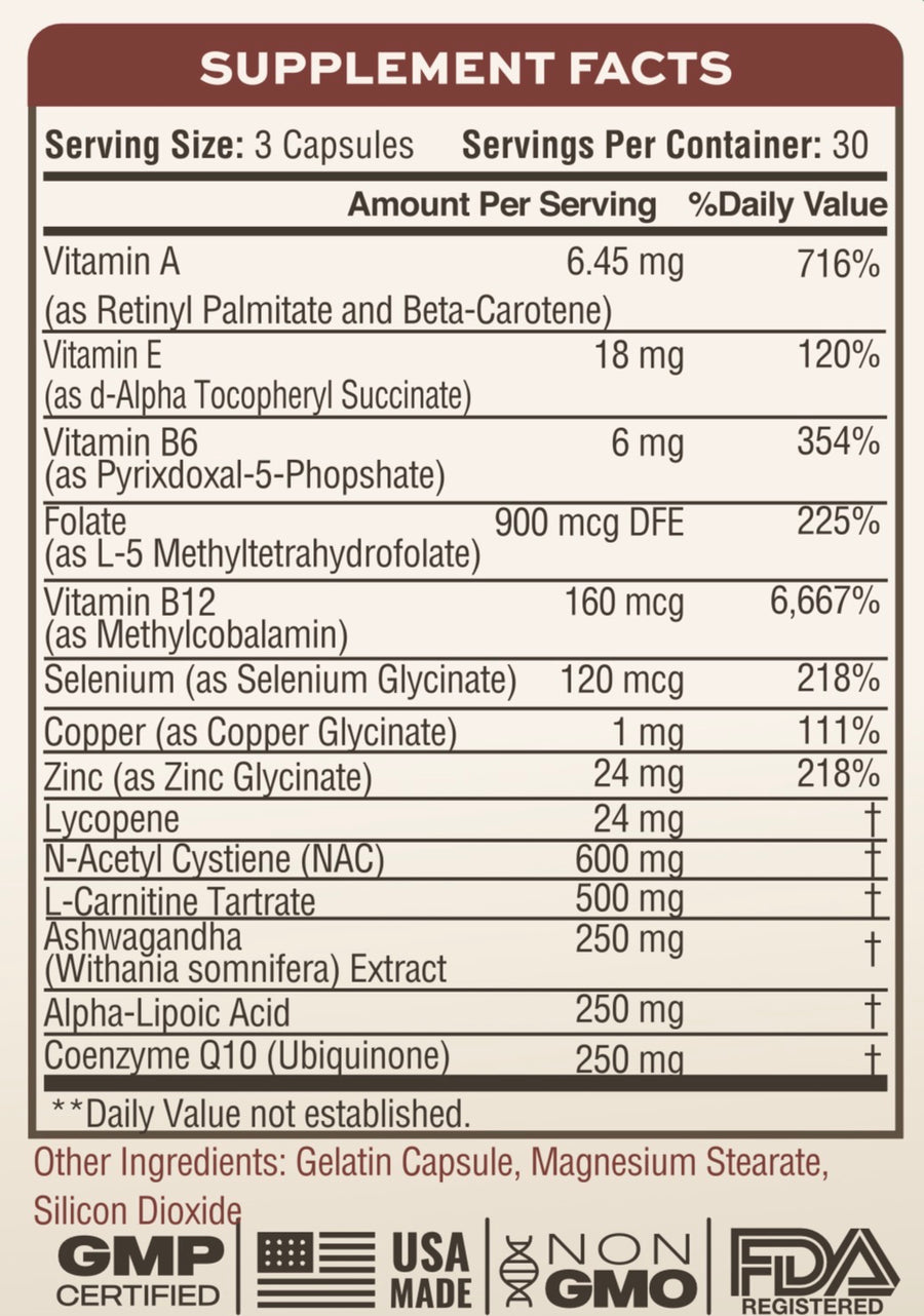 SIRE I Supplement Facts: serving size 3 capsules, 30 servings per container. Full text amounts are available in the adjacent ingredients list.