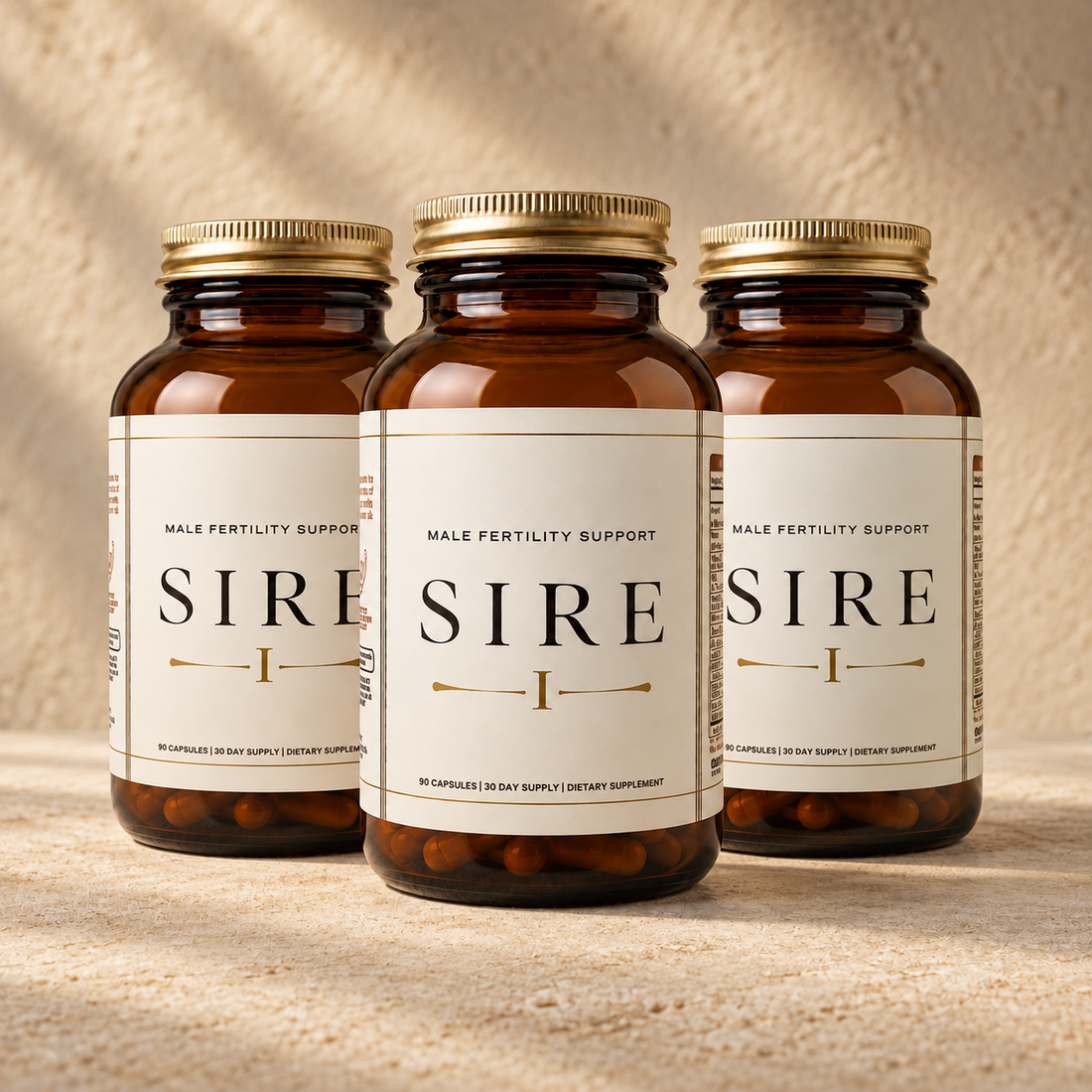 Three SIRE I amber glass bottles with metal lids — 90-day supply