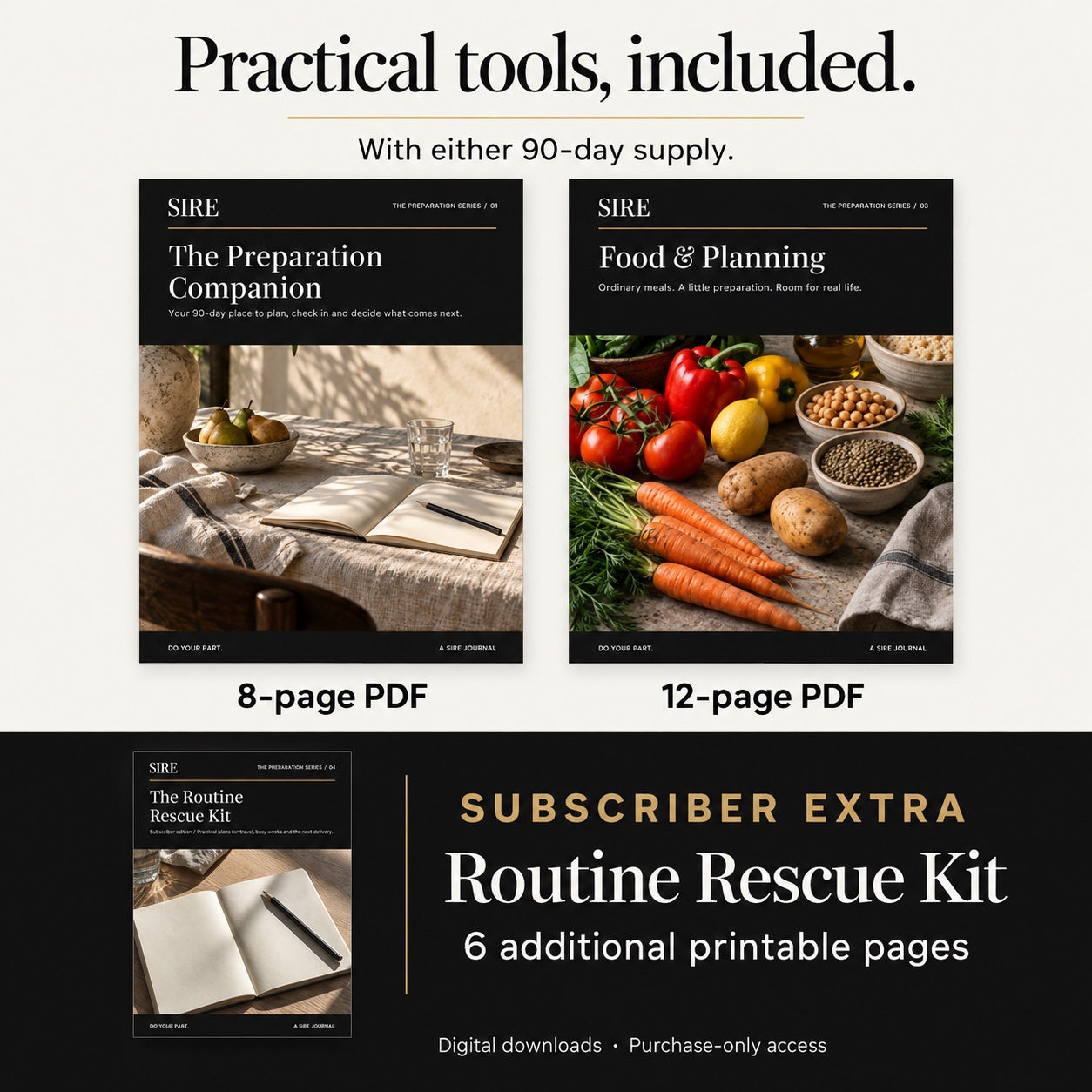 Both 90-day offers include the 8-page Preparation Companion and 12-page Food & Planning PDF. Subscribers also receive the 6-page Routine Rescue Kit. Digital resources, not printed books.