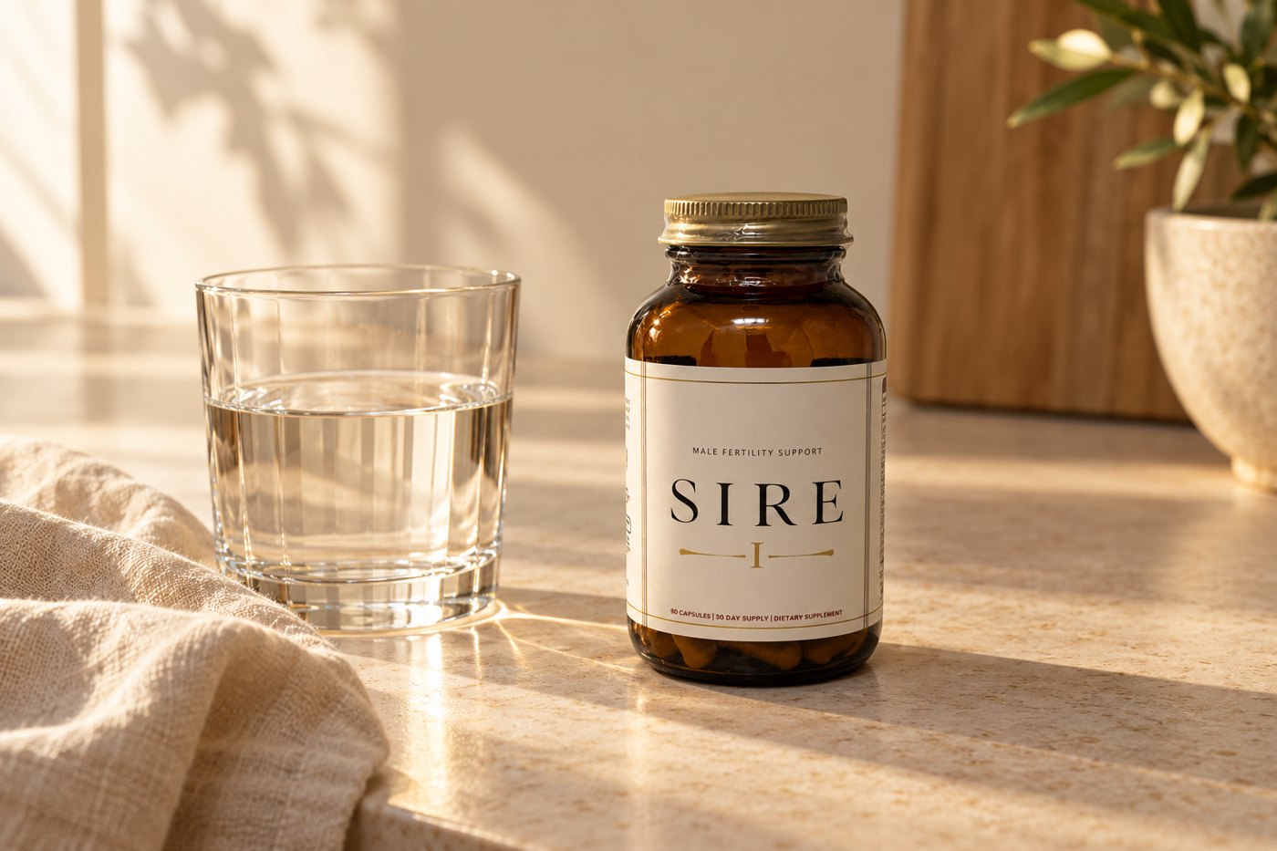 SIRE bottle beside a glass of water in warm morning light