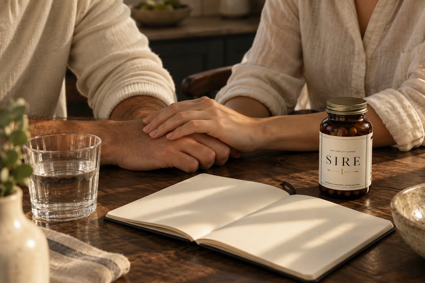 Scene of two adults holding hands beside a notebook and a SIRE I bottle